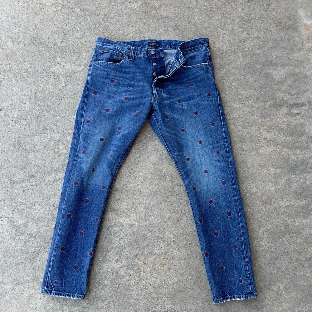 Polo‎ Ralph Lauren Blue Sullivan Slim Skull Crossbones Embroidered Jeans - 34x30